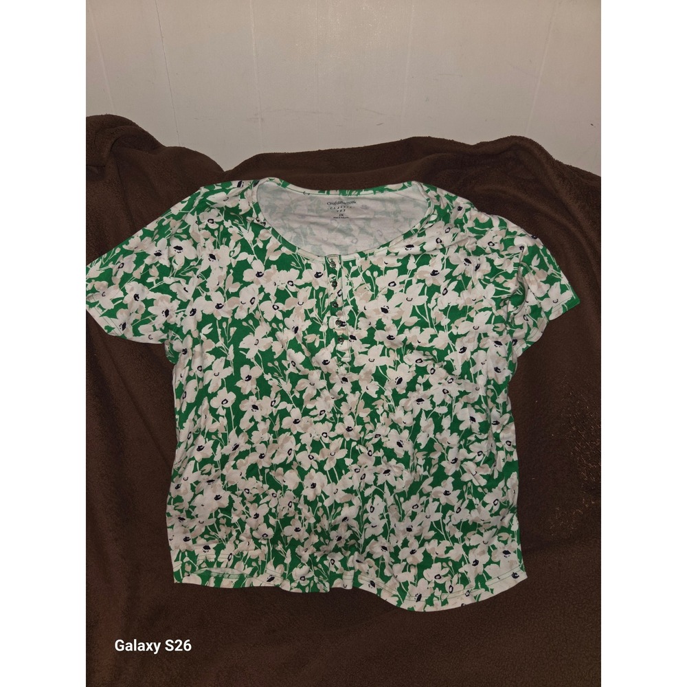 A1. Croft & Barrow Green White Floral Henley Classic Tee Short Sleeve Top 2X